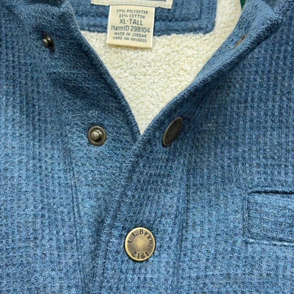 LL Bean Waffle Fleece Henley Mens XL Tall Rangeley Blue Sherpa Lined Sweater NWT
